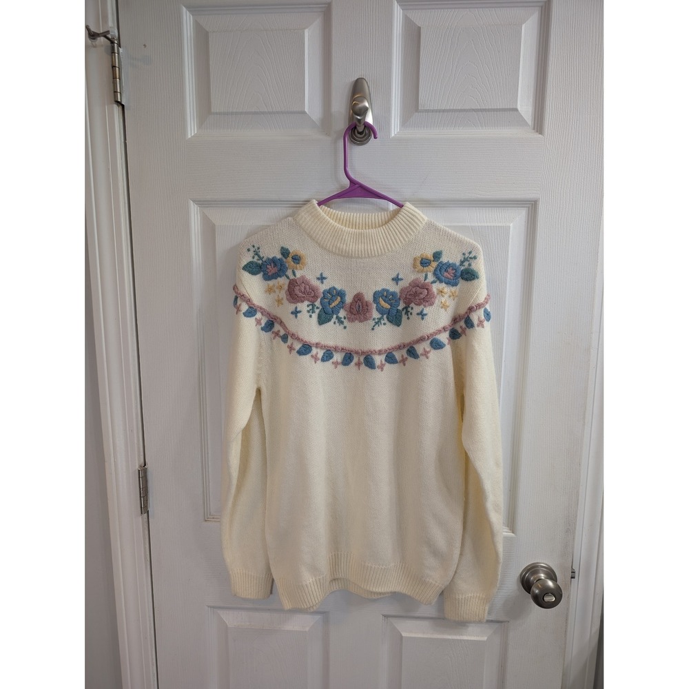 Alfred Dunner Vintage Floral Embroidered Mock Neck Sweater Cream - Size S